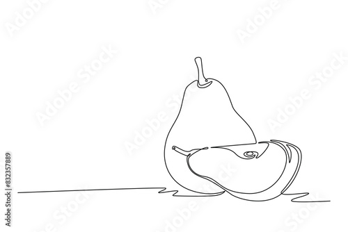 Continuous one line drawing of sliced and whole healthy pear organic for orchard logo identity. Fresh summer fruitage concept for fruit garden icon. Single line draw design vector graphic illustration