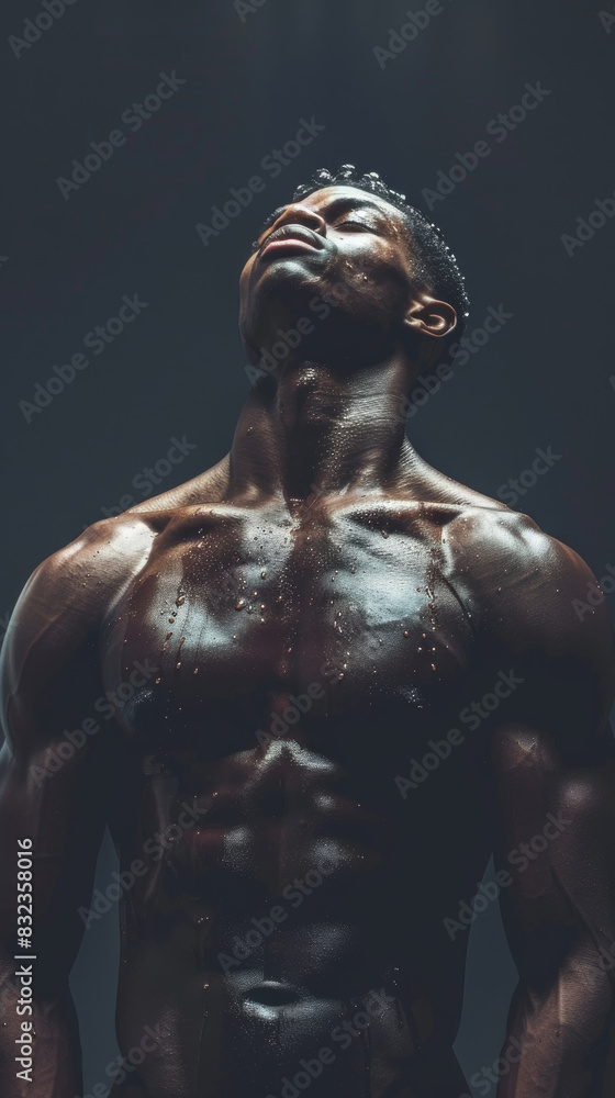 A muscular male bodybuilder poses under a spotlight, highlighting his defined abs, chest, and arms, covered in sweat, in a dark gym setting A muscular male bodybuilder poses under a spotlight, highlighting his defined abs, chest, and arms, covered in sweat, in a dark gym setting