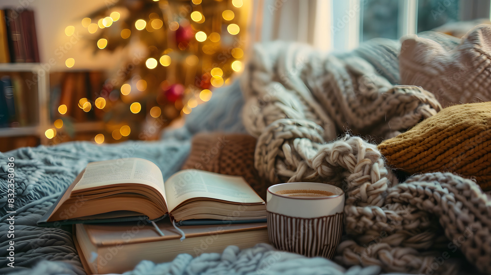 A cup of hot drink and open book on the bed with fairy lights in the background. A cup of hot drink and open book on the bed with fairy lights in the background.