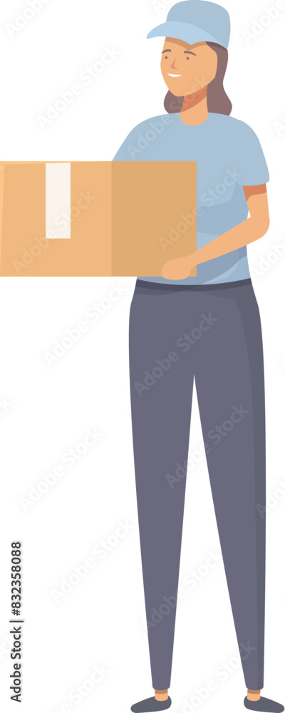 Vector illustration of a smiling female courier in uniform carrying a cardboard box Vector illustration of a smiling female courier in uniform carrying a cardboard box