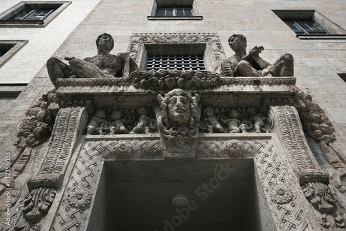 Ornate decoration at the entrance of TUM - Technical University of Munich main campus building on Gabelsbergerstrasse, Munich, Germany 