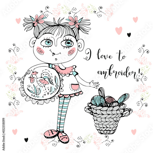 A cute needlewoman girl with embroidery. Accessories for needlework. Vector.