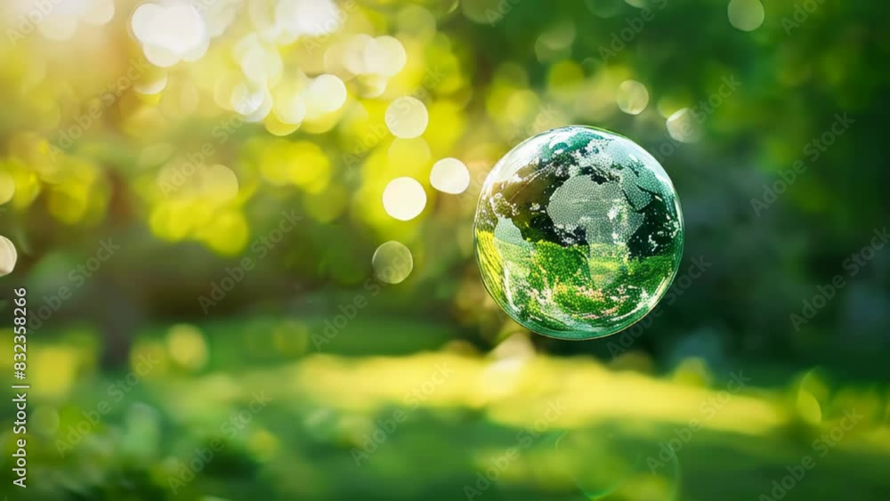 Spherical glass Earth globe with a green forest background Spherical glass Earth globe with a green forest background