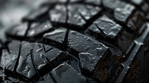 Black car tire surface texture pattern, close up photo