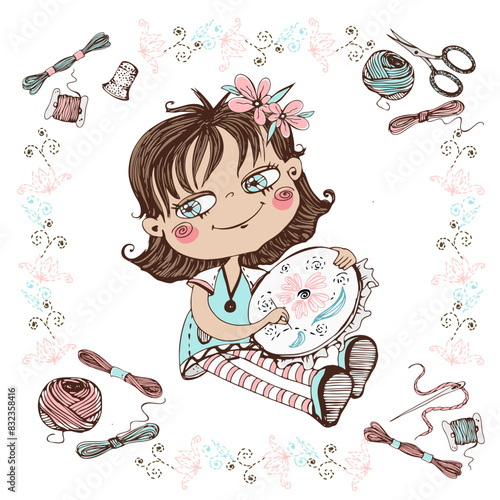 A cute girl embroiders on a hoop. Vector.