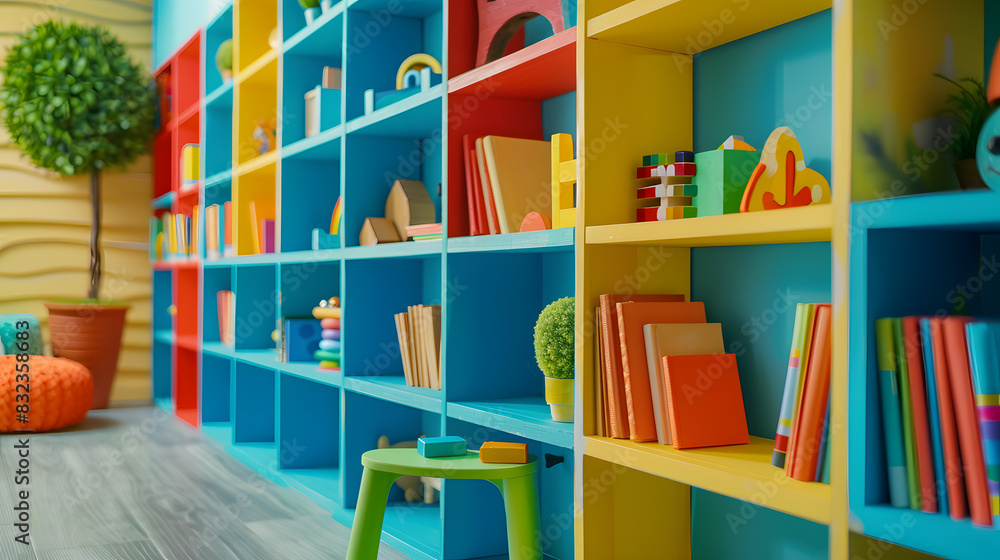 Colorful bookshelves in the library