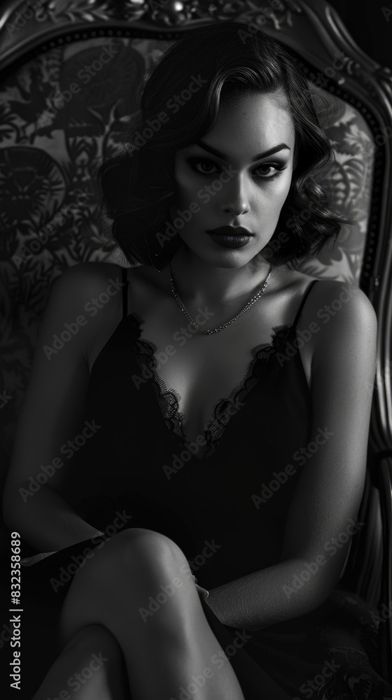 A black and white shot featuring a woman posing in lingerie A black and white shot featuring a woman posing in lingerie