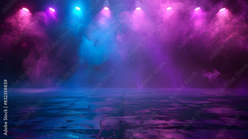 Empty stage with light smoke and neon lights.