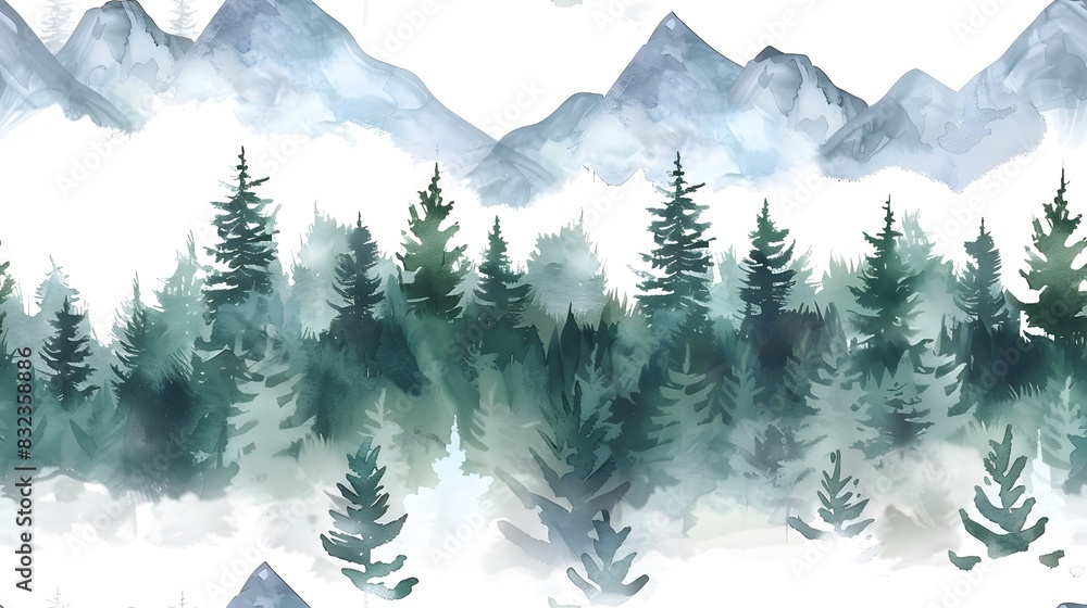 Fototapeta premium Hand painted watercolor illustration, seamless pattern of misty forest