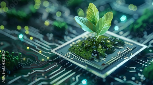 Tree with soil growing on the converging point of computer circuit board. Blue light and wireframe network background. Green Computing, Green Technology.