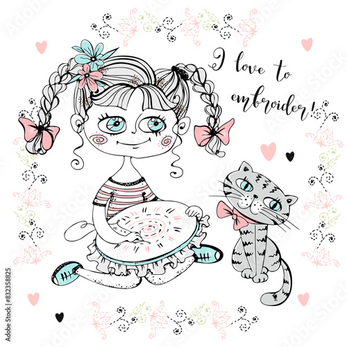 A cute girl is engaged in needlework and embroidery a beautiful pattern on a Hoop. Vector.