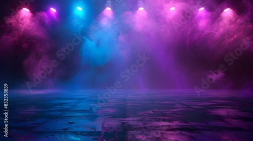 Empty stage with light smoke and neon lights.