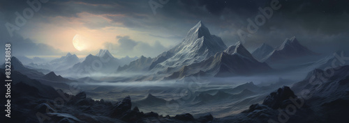 A dramatic mountain view with the moon rising between two peaks, casting a silvery glow on the rocky surfaces.