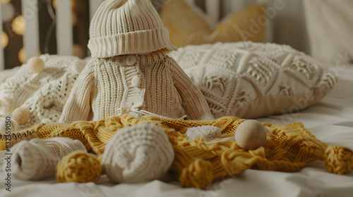 The image shows a soft and cozy hand-knitted baby sweater and hat. The neutral colors and delicate details make it perfect for a newborn. © Piyapat