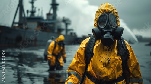 Individuals in yellow hazmat suits and gas masks, working near a ship in a polluted water environment, indicating a hazardous cleanup operation.