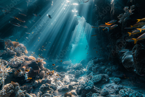 Corals under light blue water in the sea or ocean with sunlight shining through the water
