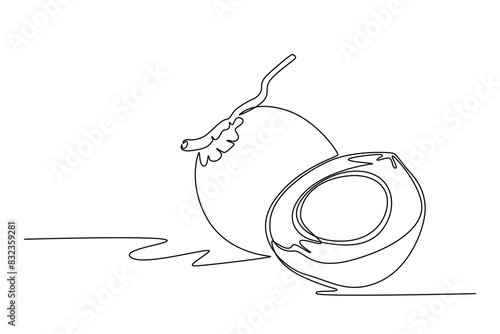 Continuous one line drawing whole and sliced healthy sweet organic coconut for orchard logo identity. Fresh fruitage concept for fruit garden icon. Single line draw design vector graphic illustration