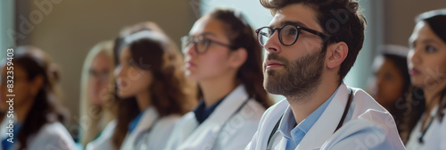 Contemplative young male student in glasses focusing during a medical school lecture