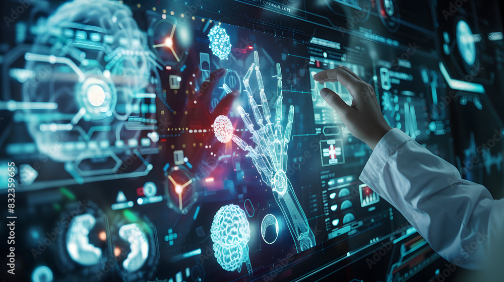 The photo shows a person in a futuristic setting interacting with a holographic display of data and schematics. The photo shows a person in a futuristic setting interacting with a holographic display of data and schematics.