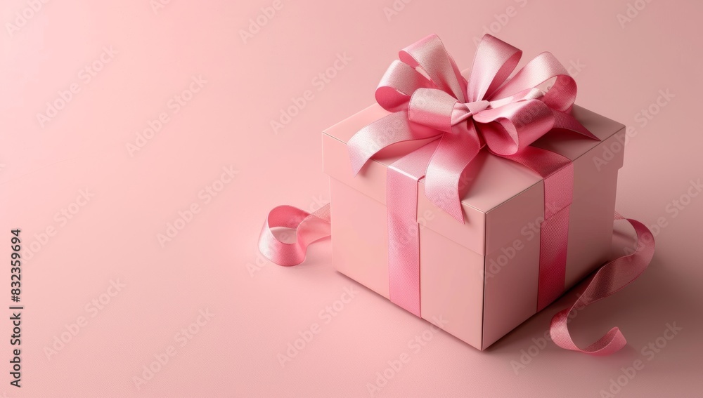 Pink gift box with ribbon bow on light pink background, Pink gift box with ribbon bow on light pink background,