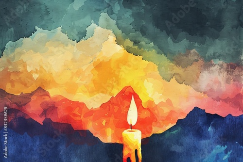 Watercolor flat design of a candle piercing the darkness in a cancer battle, top view, perseverance theme, triadic colors focus on, steadfast courage, vibrant, Manipulation, mountain peak backdrop photo