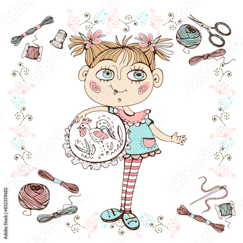 A cute needlewoman girl with embroidery. Accessories for needlework. Vector.