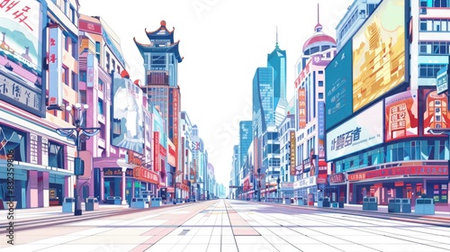 China colorful background. Famous Chinese buildings on Nanjing road shopping street in Shanghai. Asia travel landmarks, attraction. Isolated on white background.