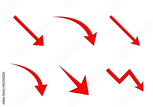 Curved down arrow icon set in flat style. Decrease, bankrupt, loss concept