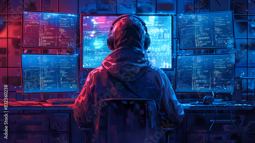 A hacker in a hoodie sitting at a desk with multiple computer screens display code and digital data for data cyber security concept, Photo by AI generative. photo