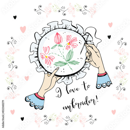 I love embroidery! A handmade postcard. Vector.