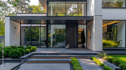 Modern house with black aluminum door frames, wooden panels and glass windows on the front of which there is an entrance to one large double doors with chrome details.