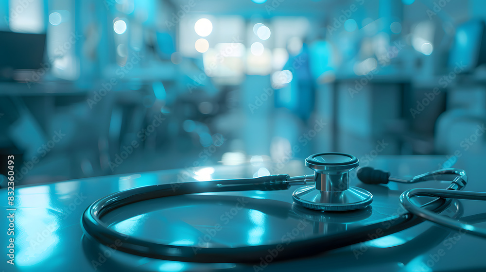 A stethoscope rests on a shiny surface in a hospital setting. A stethoscope rests on a shiny surface in a hospital setting.