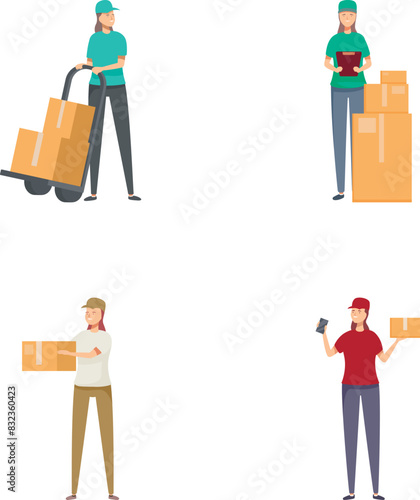 Professional delivery service personnel in uniform, including male and female couriers, working with handheld scanners and efficient logistics, distributing packages and parcels