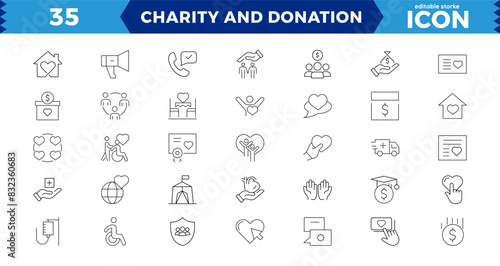 Charity and Donation set of web icons in line style. Volunteering and donation icons for web and mobile app. Help, caring, solidarity, alms, donate, volunteer, care,  Editable stroke.