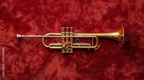 A shiny brass trumpet placed on a bold red background, showcasing its intricate details and rich metallic sheen.