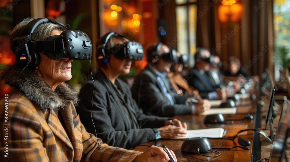 Obraz premium Remote Teamwork with VR Headsets in a High Angle Virtual Meeting