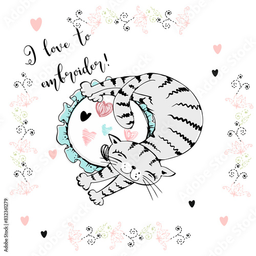 A cute girl is engaged in needlework and embroidery a beautiful pattern on a Hoop. Vector.