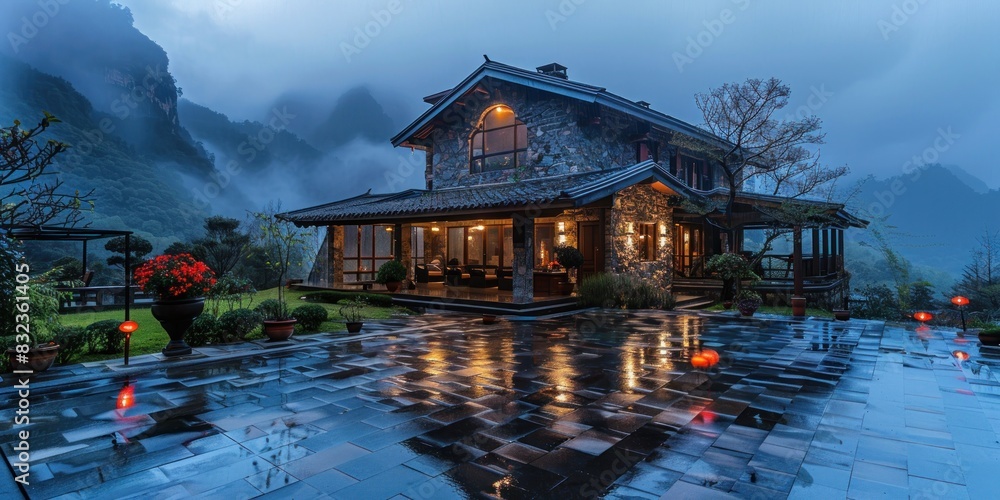 Fototapeta premium mountain, late night, country-style duplex villa, european-style single-building full picture, 