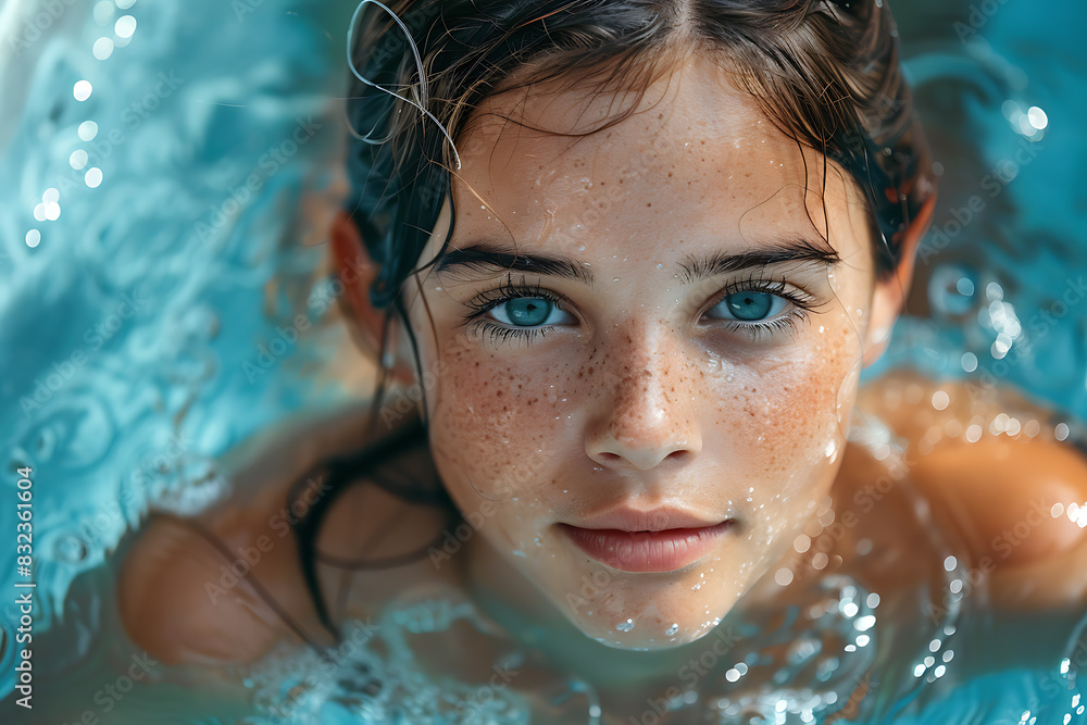 A little girl with a cute face, wearing glasses and a hairpin, playfully splashes in the pool while holding onto a bright inflatable ring,   as the water sparkles in the sunlight