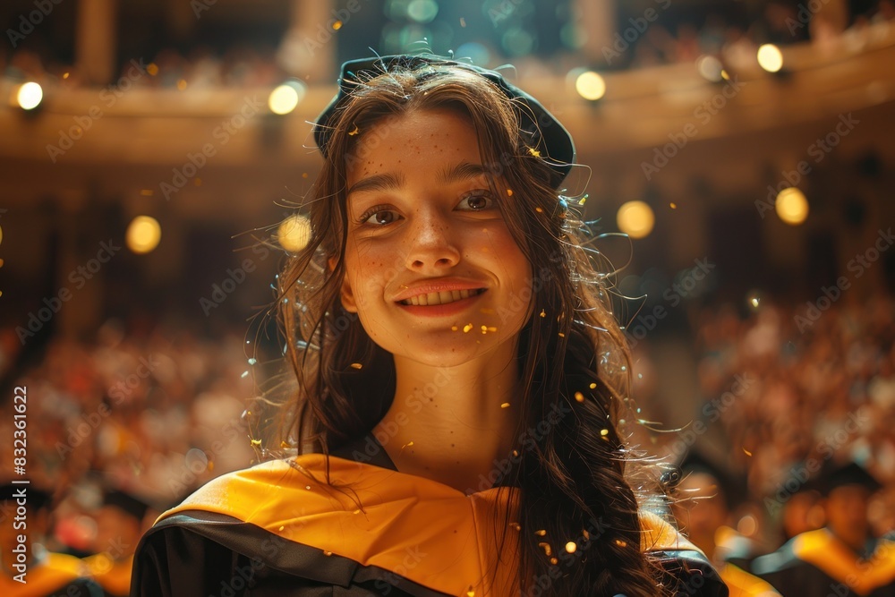 Proud Graduate Reflects on Educational Milestone in Auditorium Proud Graduate Reflects on Educational Milestone in Auditorium