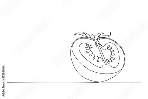 Single one line drawing half sliced healthy organic tomato for farming logo identity. Fresh tropical vegetable concept for veggie garden icon. Continuous line draw design graphic vector illustration