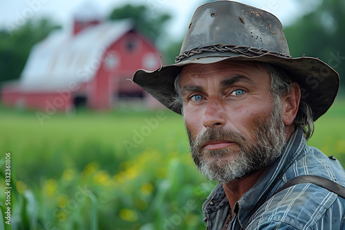 A close-up image of an American farmer, a man aged 45-50 with a sturdy build, standing confidently in a field with a large red barn visible in the background, embodying rural life and agricultural tra