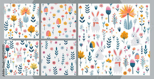Set of vector colorful seamless Easter pattern with hand drawn flower.