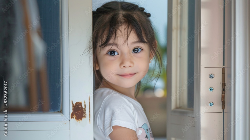 Portrait of a lovely little girl standing in a doorway