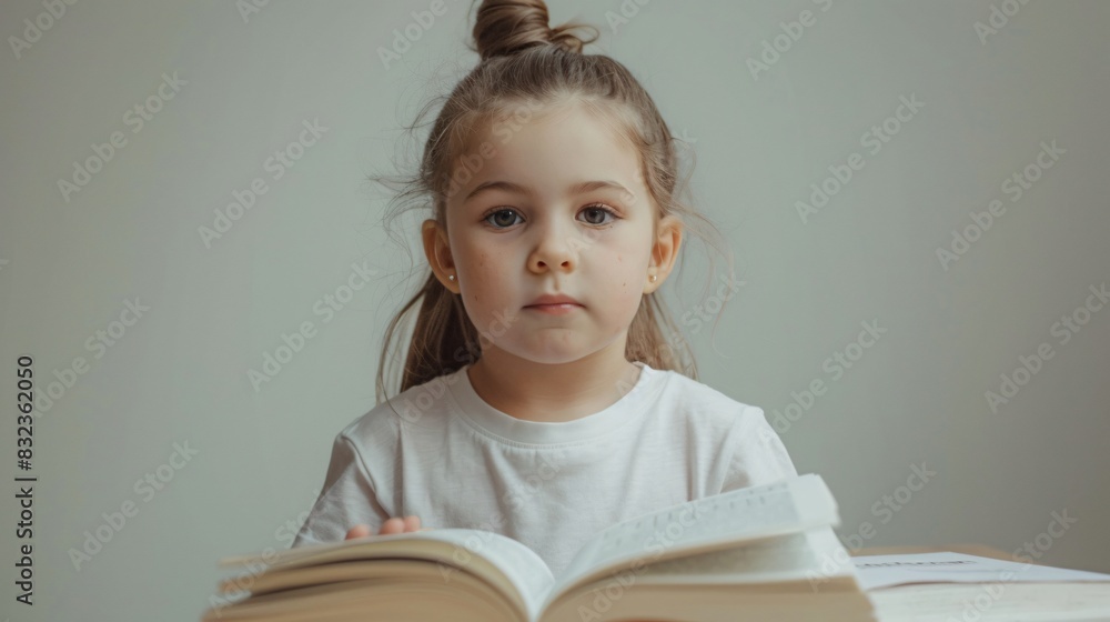 Portrait of a lovely little girl in a white T-shirt, holding an open book and sitting against gray backdrop Portrait of a lovely little girl in a white T-shirt, holding an open book and sitting against gray backdrop