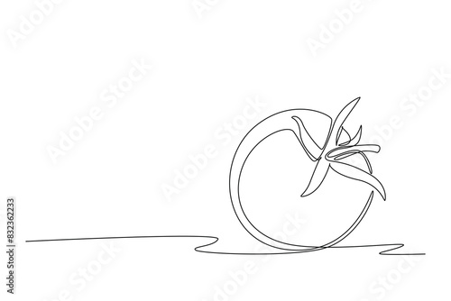 Single one line drawing whole healthy organic tomato for farming logo identity. Fresh tropical vegetable concept for vegie garden icon. Modern continuous line draw design graphic vector illustration