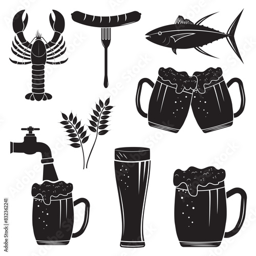 Beer glass, mug, bottle, snacks, wheat, fish, crayfish. Great for bar, pub, menu, oktoberfest. Black outline