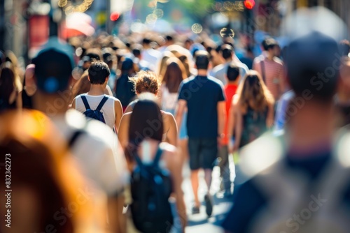 a crowd in the street, with blurred people walking down a busy city sidewalk. photo