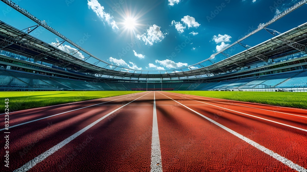 Olympic Stadium with red running track, wide angle view, blue sky and green grass field background, in the style of professional photography. Olympic Stadium with red running track, wide angle view, blue sky and green grass field background, in the style of professional photography.
