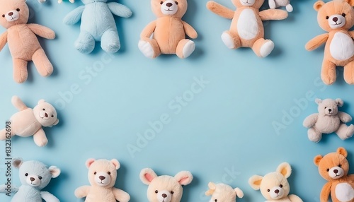 Flat lay of childrens toys and stuffed animals on pastel blue background. Concept of Children's Toys, Stuffed Animals, Pastel Background generative ai